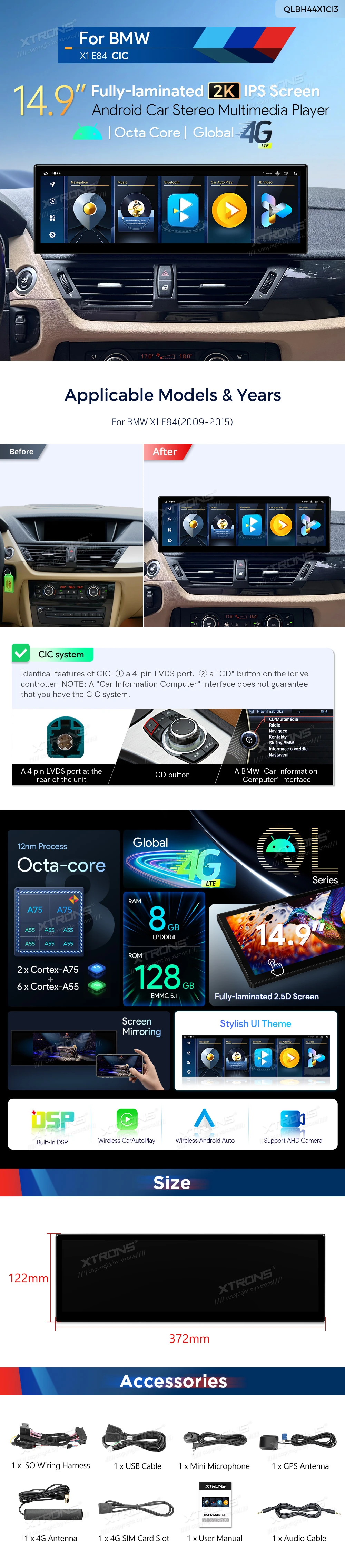 BMW X1 E84 CIC 14.9 inch Android 14 Screen with Wireless CarPlay, Android Auto and 4G | QLBH44X1CI3: XTRONS specification poster 1 of 1