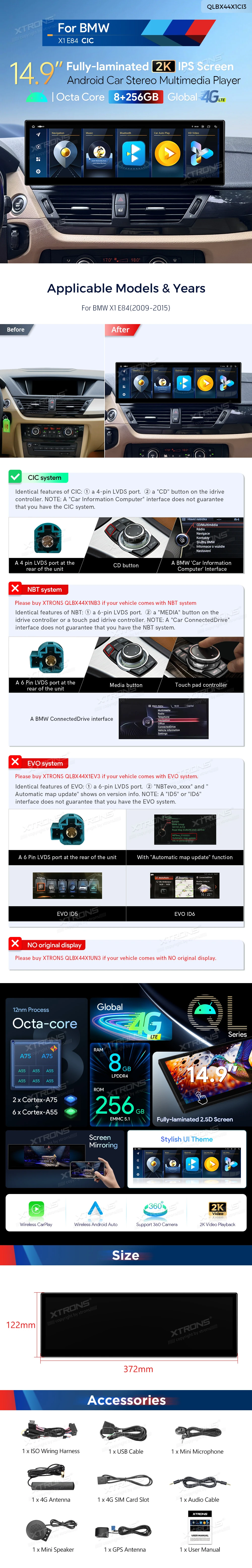 BMW X1 E84 CIC 14.9 inch Android 14 Screen with Wireless CarPlay, Android Auto and 4G | QLBX44X1CI3: XTRONS specification poster 1 of 1