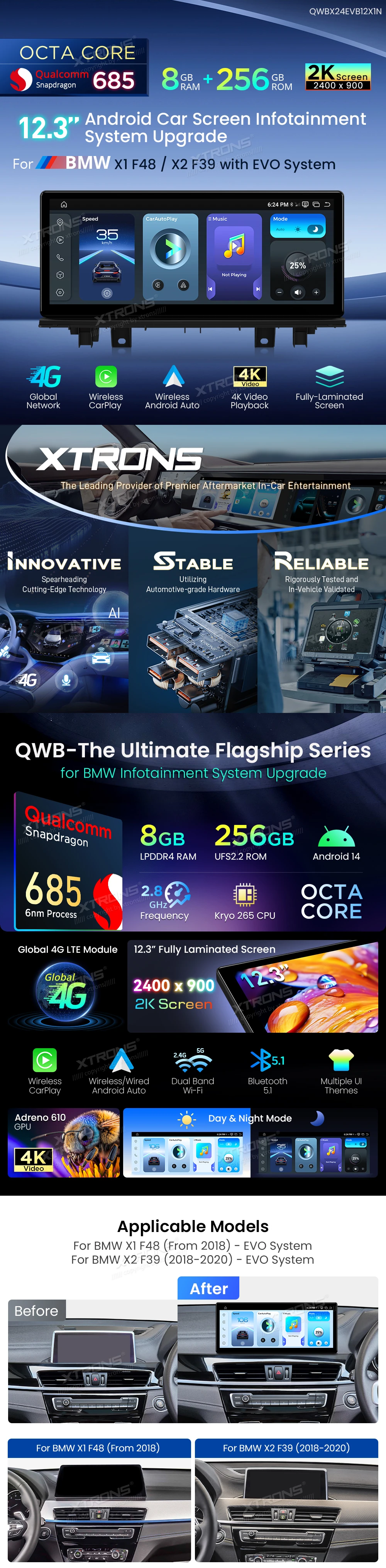 BMW X1 F48 and X2 F39 EVO 12.3 Inch Android Head Unit with Wireless CarPlay and 4G | QWBX24EVB12X1N: XTRONS specification poster 1 of 8