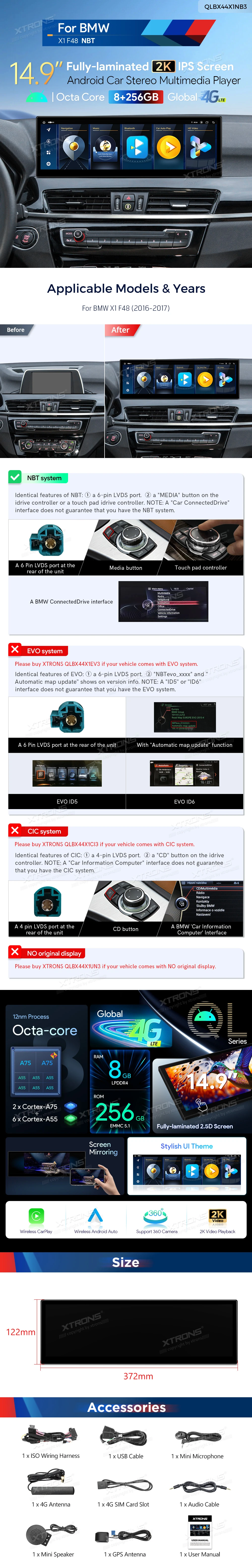 BMW X1 F48 NBT 14.9 inch Android 14 Screen with Wireless CarPlay, Android Auto and 4G | QLBX44X1NB3: XTRONS specification poster 1 of 1