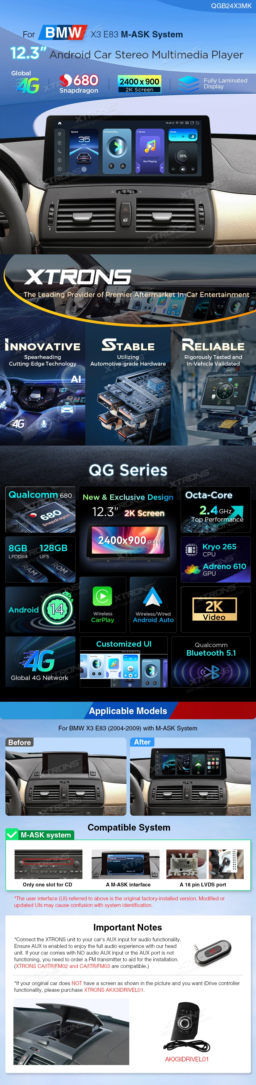 BMW X3 E83 12.3″ 2K Android Screen with Wireless CarPlay, Android Auto and 4G | QGB24X3MK: XTRONS specification poster 1 of 6