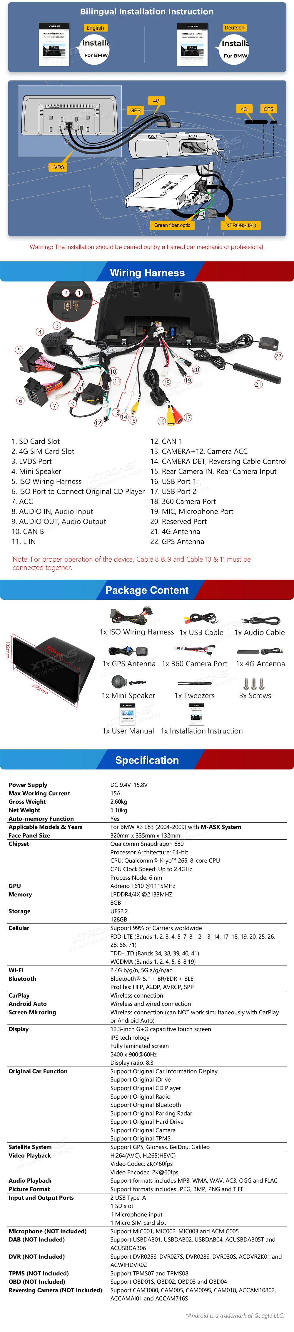 BMW X3 E83 12.3″ 2K Android Screen with Wireless CarPlay, Android Auto and 4G | QGB24X3MK: XTRONS specification poster 6 of 6