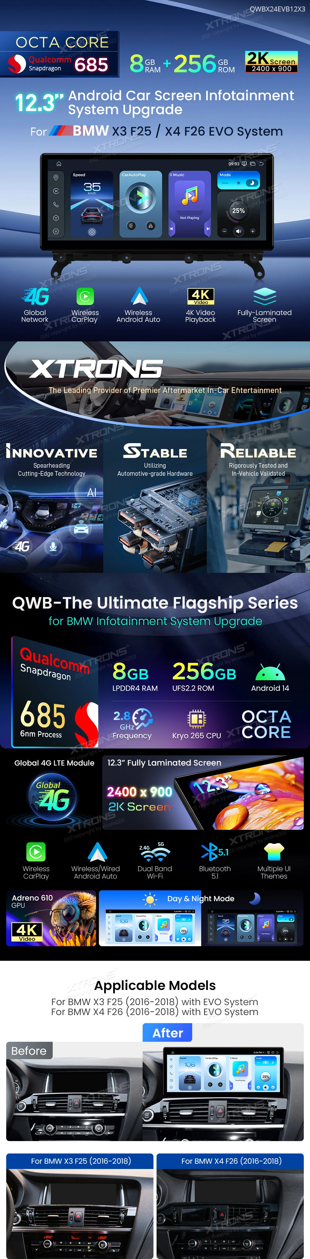 BMW X3 F25 and X4 F26 EVO 12.3 inch 2K Android Screen with Wireless CarPlay and Android Auto | QWBX24EVB12X3: XTRONS specification poster 1 of 8