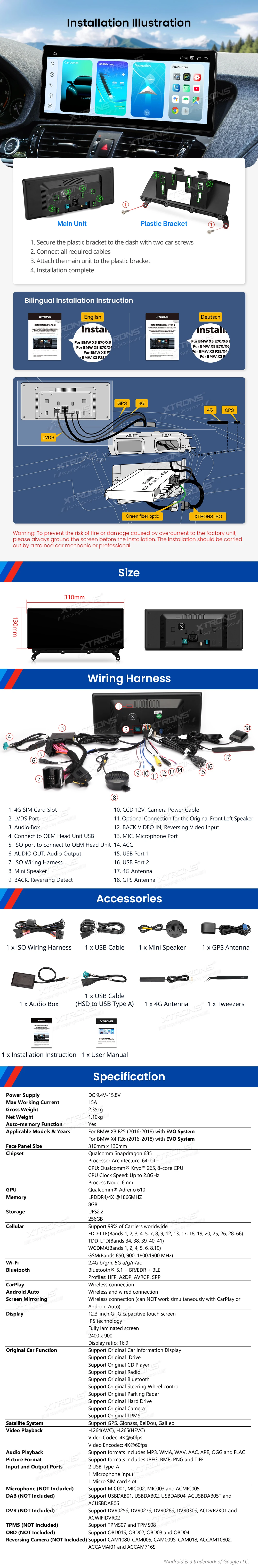 BMW X3 F25 and X4 F26 EVO 12.3 inch 2K Android Screen with Wireless CarPlay and Android Auto | QWBX24EVB12X3: XTRONS specification poster 8 of 8