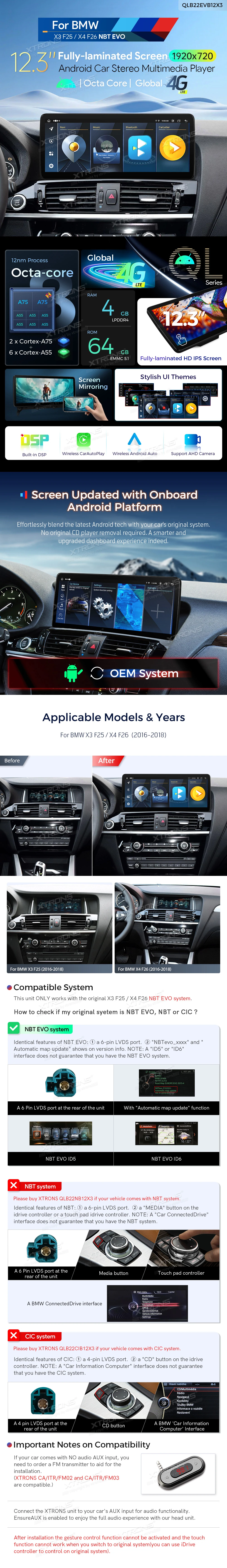 BMW X3 F25 and X4 F26 NBT EVO 12.3 inch Android Screen with Wireless CarPlay and 4G | QLB22EVB12X3: XTRONS specification poster 1 of 6