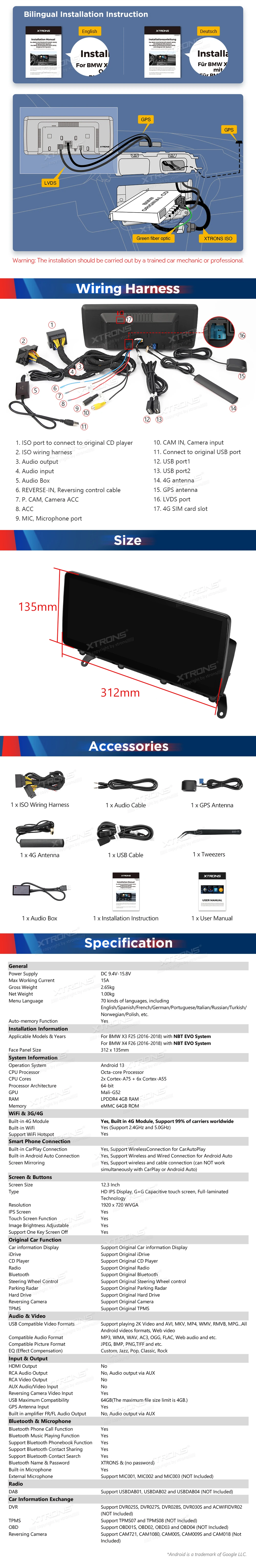 BMW X3 F25 and X4 F26 NBT EVO 12.3 inch Android Screen with Wireless CarPlay and 4G | QLB22EVB12X3: XTRONS specification poster 6 of 6