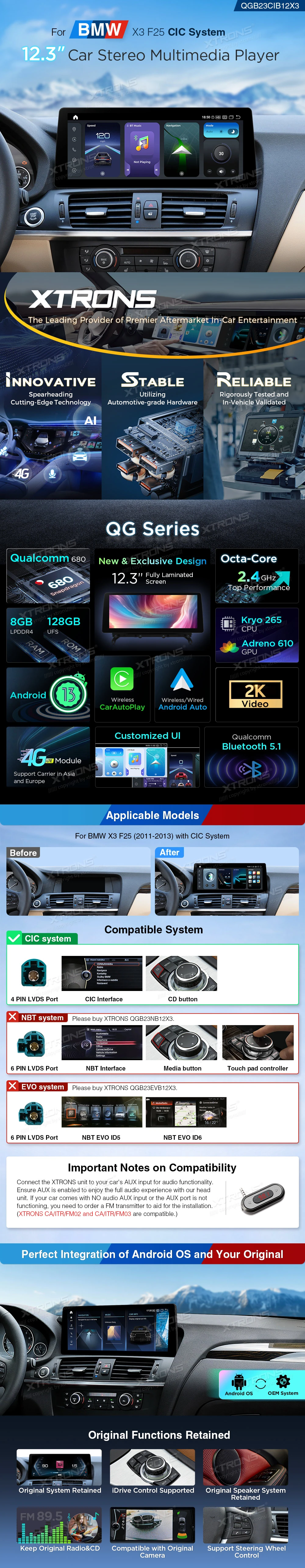 BMW X3 F25 CIC 12.3 inch Android Screen with Wireless CarPlay, Android Auto and 4G | QGB24CIB12X3: XTRONS specification poster 1 of 4