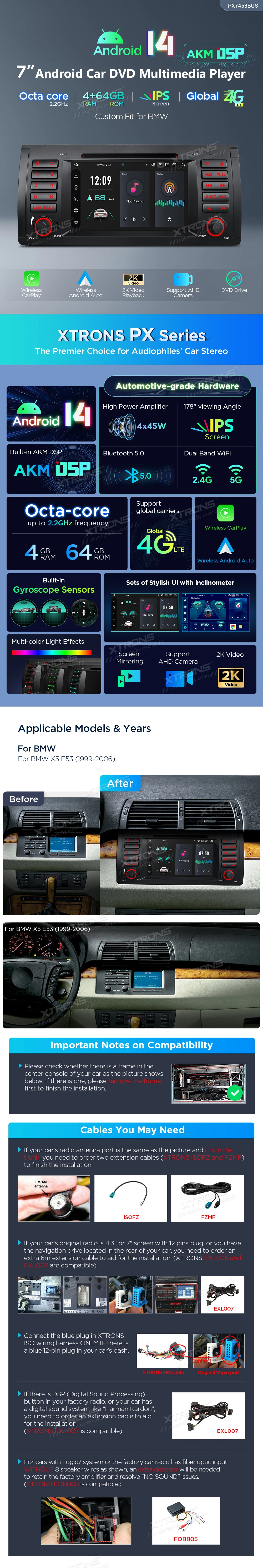 BMW X5 E53 7 inch Android Car Stereo with Wireless CarPlay, Android Auto and 4G | PX7453BGS: XTRONS specification poster 1 of 6