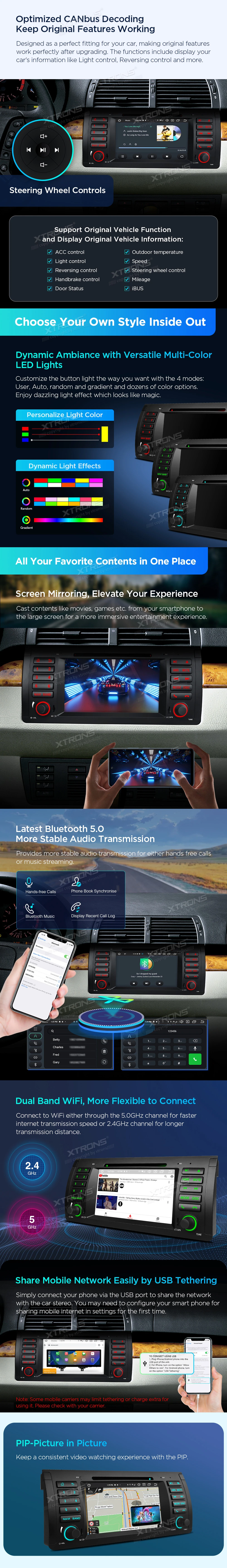 BMW X5 E53 7 inch Android Car Stereo with Wireless CarPlay, Android Auto and 4G | PX7453BGS: XTRONS specification poster 4 of 6