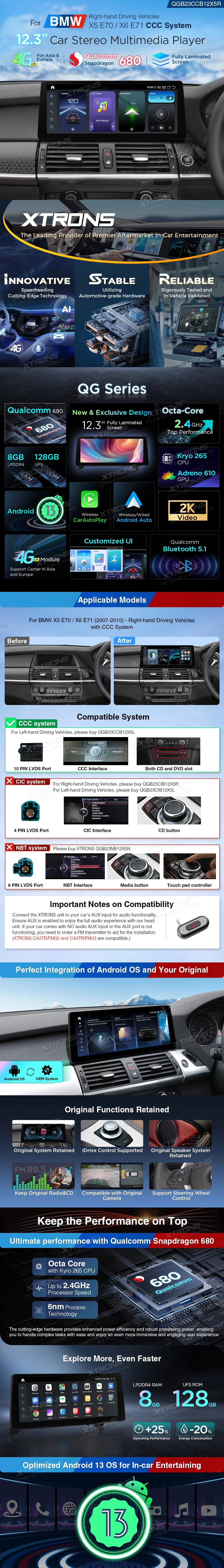 BMW X5 E70 and X6 CCC RHD 12.3 inch Android Screen with Wireless CarPlay, Android Auto and 4G | QGB24CCB12X5R: XTRONS specification poster 1 of 4