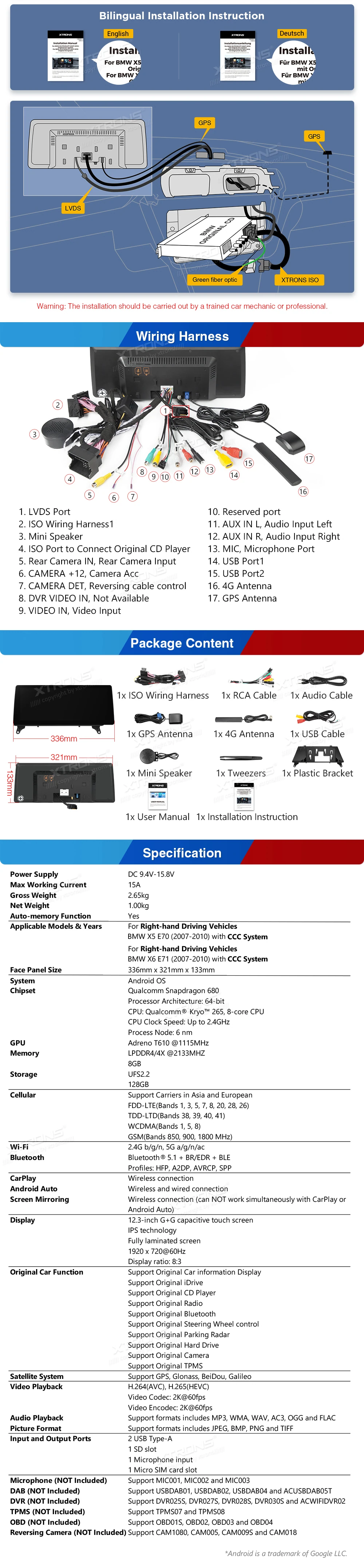 BMW X5 E70 and X6 CCC RHD 12.3 inch Android Screen with Wireless CarPlay, Android Auto and 4G | QGB24CCB12X5R: XTRONS specification poster 4 of 4