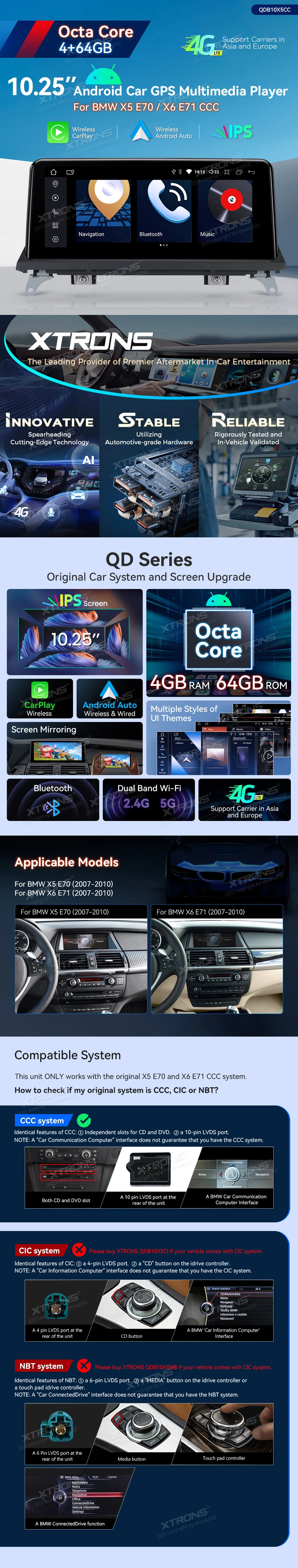 BMW X5 E70 and X6 E71 CCC 10.25 inch Android Screen with Wireless CarPlay, Android Auto and 4G | QDB10X5CC: XTRONS specification poster 1 of 5