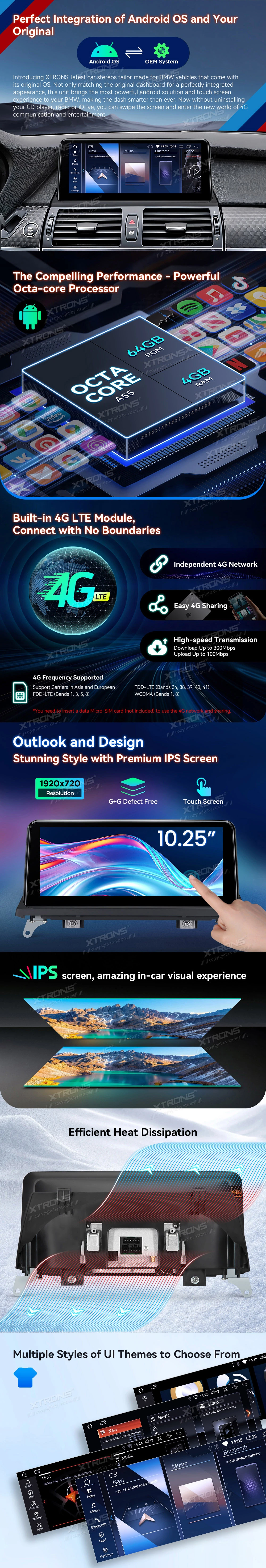 BMW X5 E70 and X6 E71 CCC 10.25 inch Android Screen with Wireless CarPlay, Android Auto and 4G | QDB10X5CC: XTRONS specification poster 2 of 5