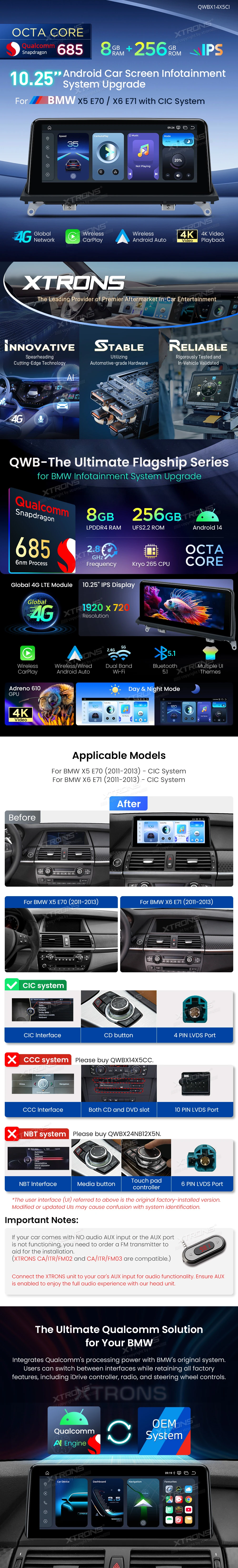 BMW X5 E70 and X6 E71 CIC 10.25 inch Android Screen with Wireless CarPlay and 4G | QWBX14X5CI: XTRONS specification poster 1 of 5