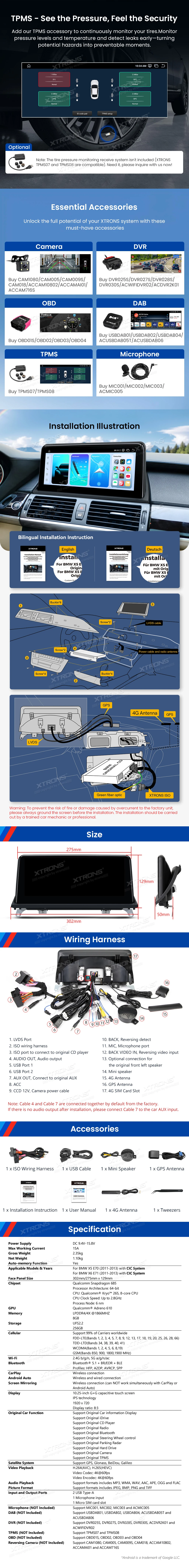 BMW X5 E70 and X6 E71 CIC 10.25 inch Android Screen with Wireless CarPlay and 4G | QWBX14X5CI: XTRONS specification poster 5 of 5