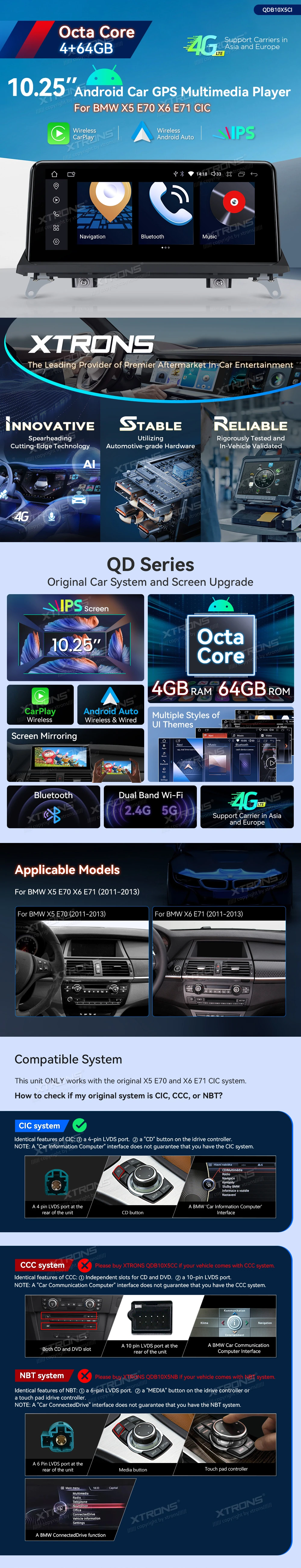 BMW X5 E70 and X6 E71 CIC 10.25 inch Android Screen with Wireless CarPlay, Android Auto and 4G | QDB10X5CI: XTRONS specification poster 1 of 5