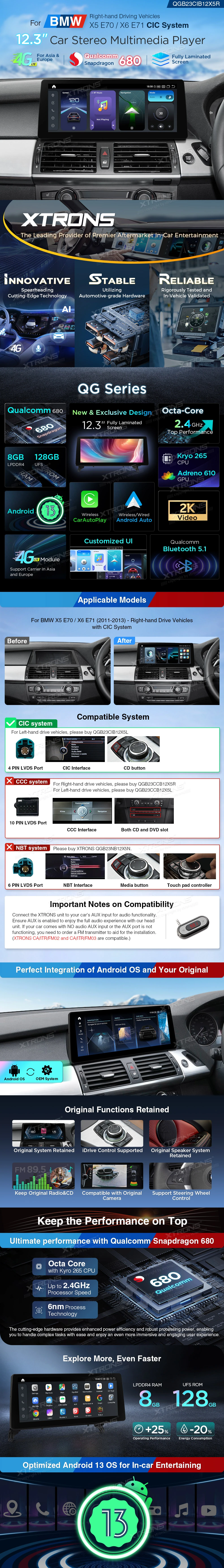 BMW X5 E70 and X6 E71 CIC RHD 12.3 inch Android 14 Head Unit with Wireless CarPlay and 4G | QGB24CIB12X5R: XTRONS specification poster 1 of 4