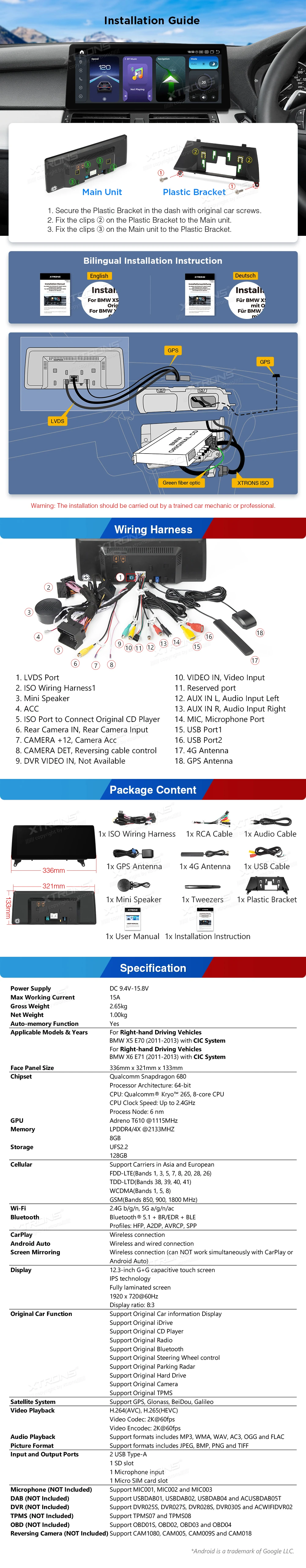 BMW X5 E70 and X6 E71 CIC RHD 12.3 inch Android 14 Head Unit with Wireless CarPlay and 4G | QGB24CIB12X5R: XTRONS specification poster 4 of 4