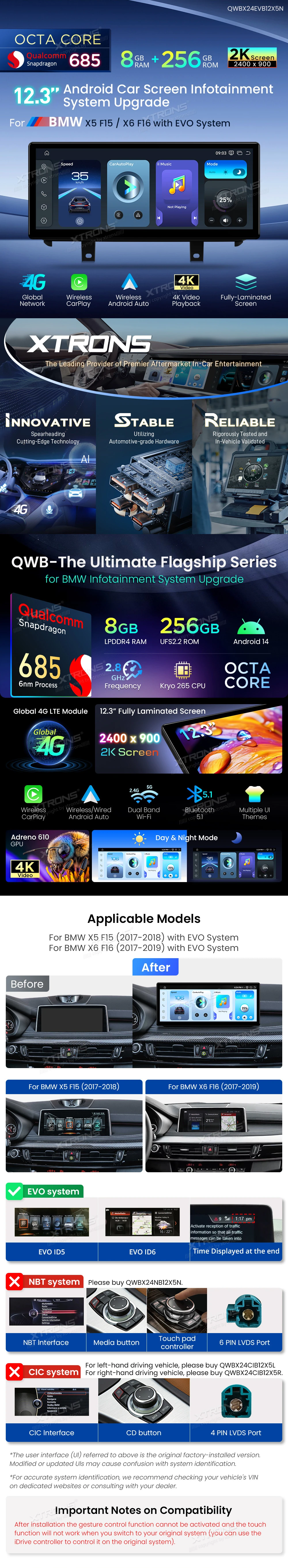 BMW X5 F15 and X6 F16 EVO 12.3 inch 2K Android Screen with Wireless CarPlay and Android Auto | QWBX24EVB12X5N: XTRONS specification poster 1 of 6