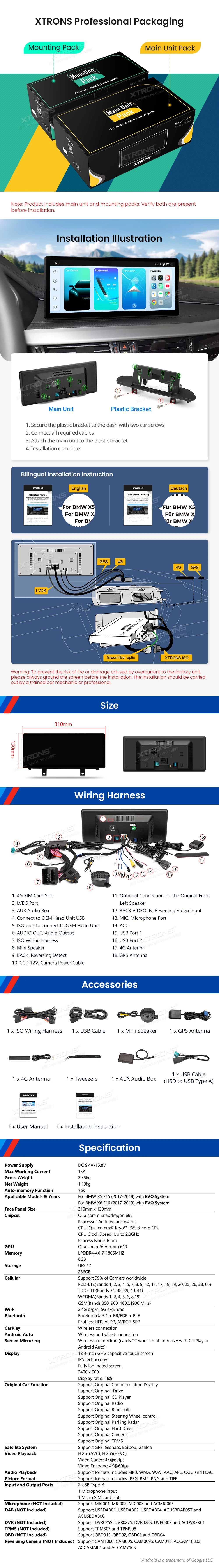BMW X5 F15 and X6 F16 EVO 12.3 inch 2K Android Screen with Wireless CarPlay and Android Auto | QWBX24EVB12X5N: XTRONS specification poster 6 of 6