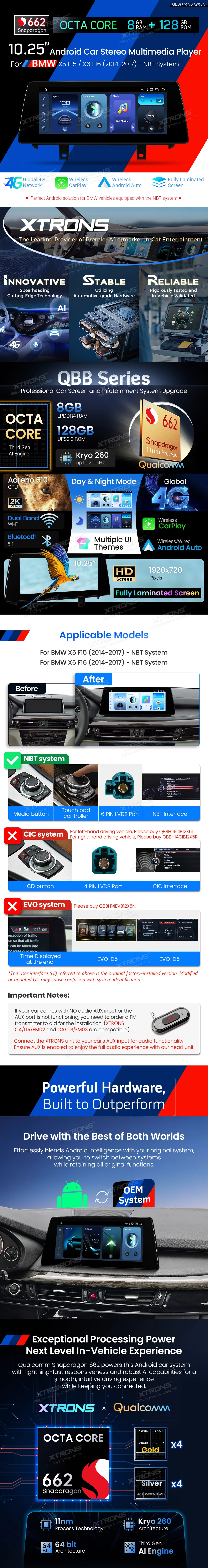 BMW X5 F15 and X6 F16 NBT 10.25 Inch Android Head Unit with Wireless CarPlay and 4G | QBBH14NB12X5N: XTRONS specification poster 1 of 4