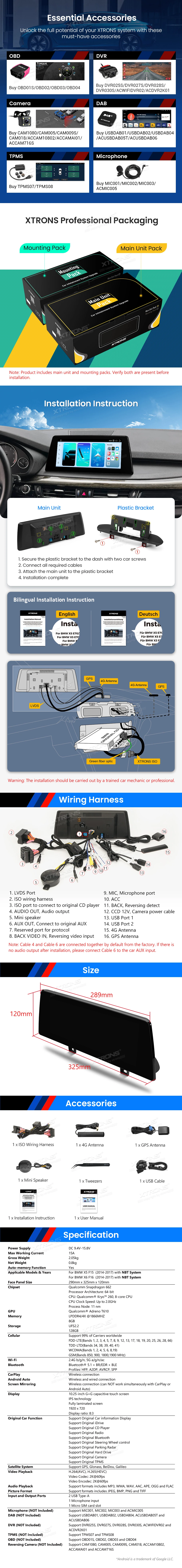 BMW X5 F15 and X6 F16 NBT 10.25 Inch Android Head Unit with Wireless CarPlay and 4G | QBBH14NB12X5N: XTRONS specification poster 4 of 4