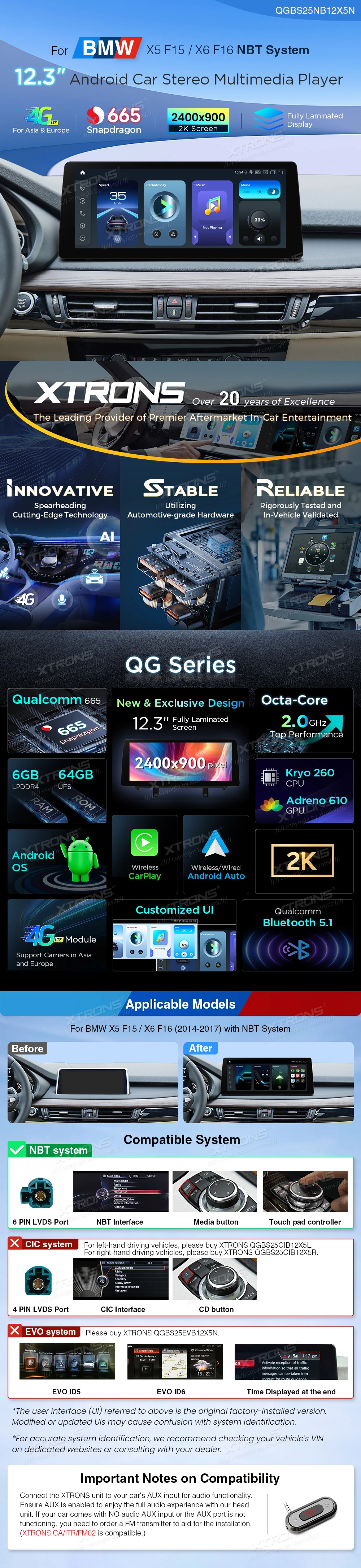 BMW X5 F15 and X6 F16 NBT 12.3 inch Android Head Unit with Wireless CarPlay, Android Auto and 4G | QGBS25NB12X5N: XTRONS specification poster 1 of 5