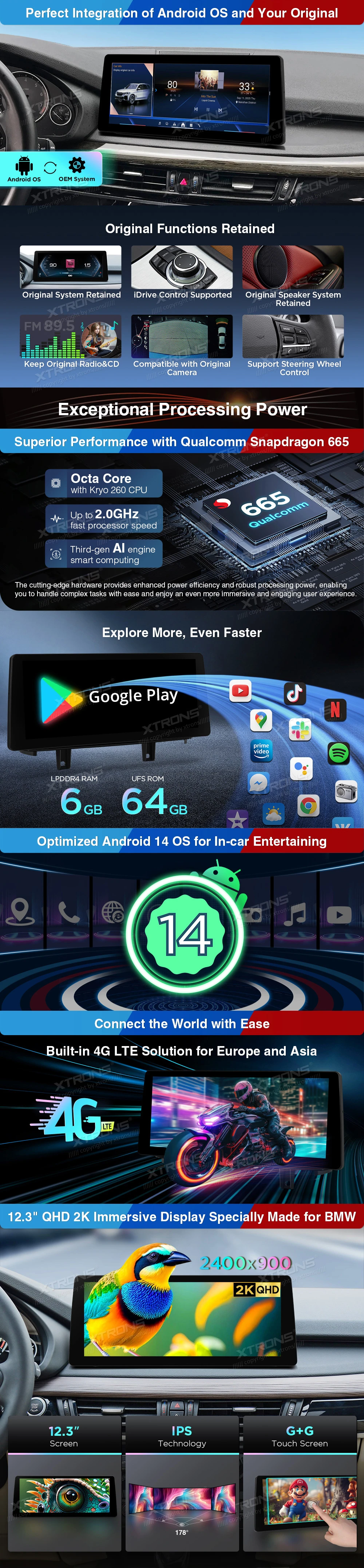 BMW X5 F15 and X6 F16 NBT 12.3 inch Android Head Unit with Wireless CarPlay, Android Auto and 4G | QGBS25NB12X5N: XTRONS specification poster 2 of 5