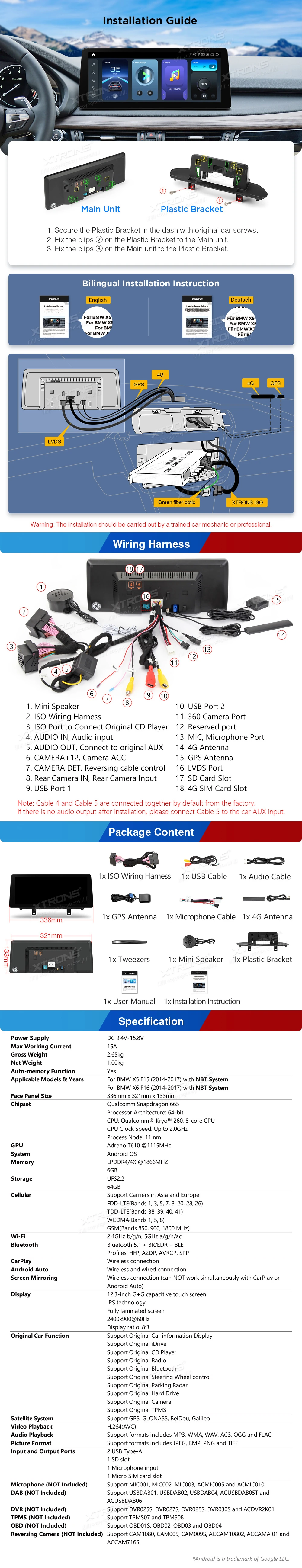 BMW X5 F15 and X6 F16 NBT 12.3 inch Android Head Unit with Wireless CarPlay, Android Auto and 4G | QGBS25NB12X5N: XTRONS specification poster 5 of 5