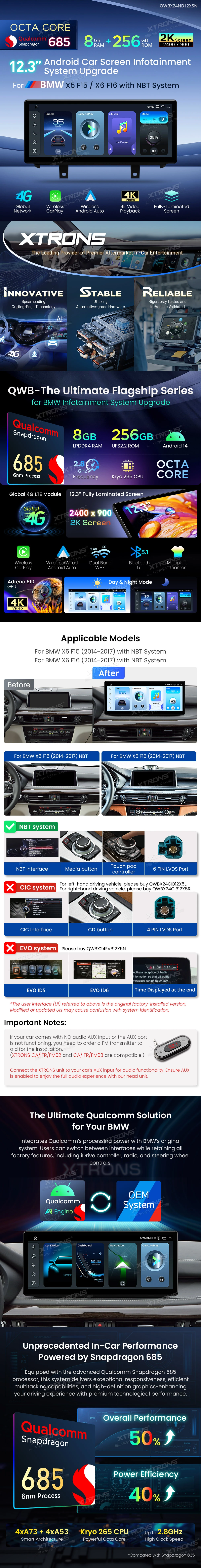 BMW X5 F15 and X6 F16 NBT 12.3 inch Android Screen with Wireless CarPlay and Android Auto | QWBX24NB12X5N: XTRONS specification poster 1 of 5