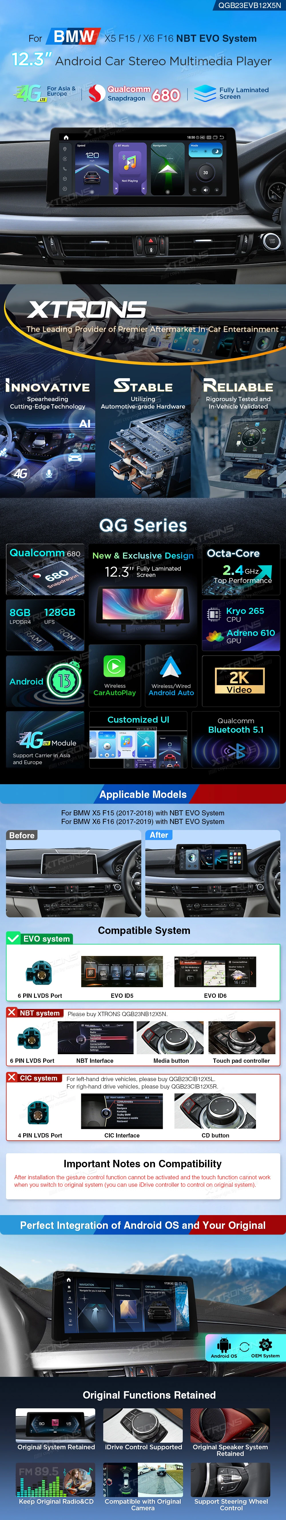 BMW X5 F15 and X6 F16 NBT EVO 12.3″ Android Screen with Wireless CarPlay and 4G | QGB24EVB12X5N: XTRONS specification poster 1 of 4