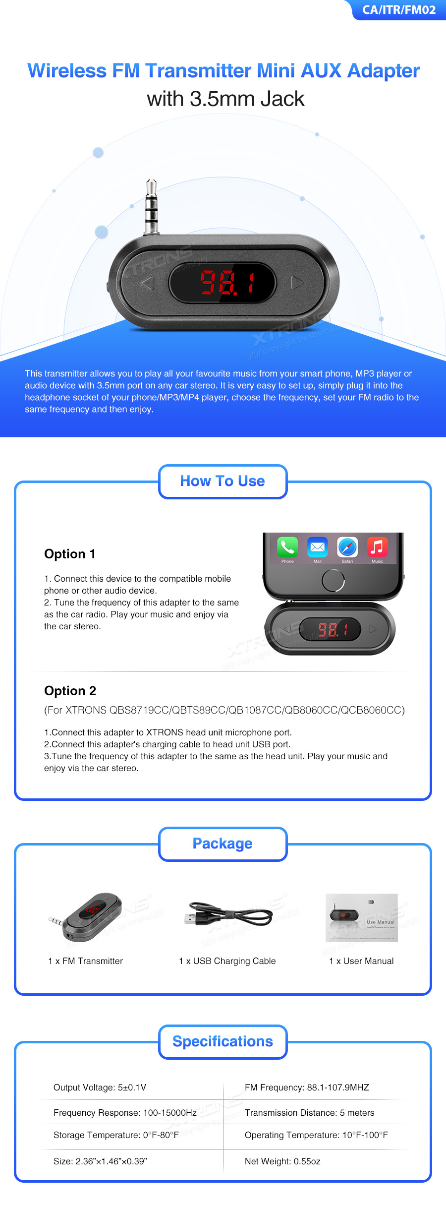 Universal Mini FM Transmitter AUX Adapter with 3.5mm Jack | CA/ITR/FM02: XTRONS specification poster 1 of 1
