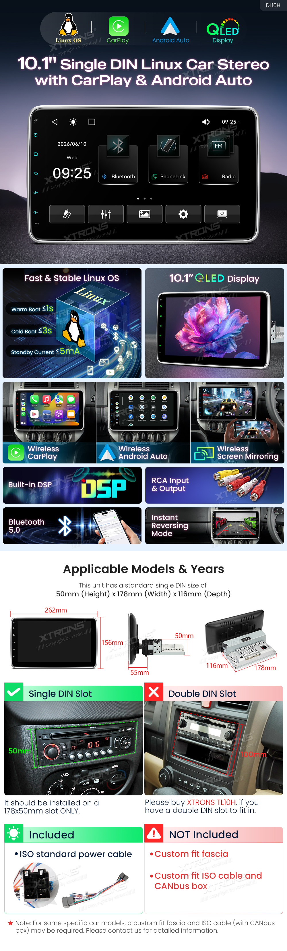 Universal Single DIN 10.1 inch Car Stereo with Wireless CarPlay, Android Auto and DSP | DL10H: XTRONS specification poster 1 of 6