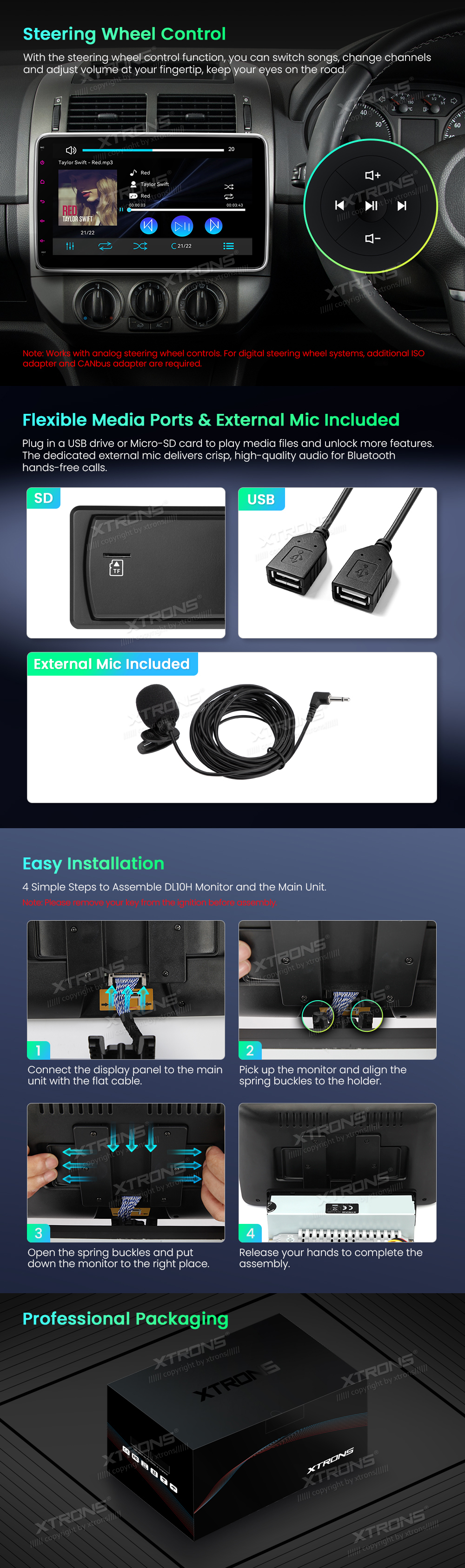 Universal Single DIN 10.1 inch Car Stereo with Wireless CarPlay, Android Auto and DSP | DL10H: XTRONS specification poster 5 of 6