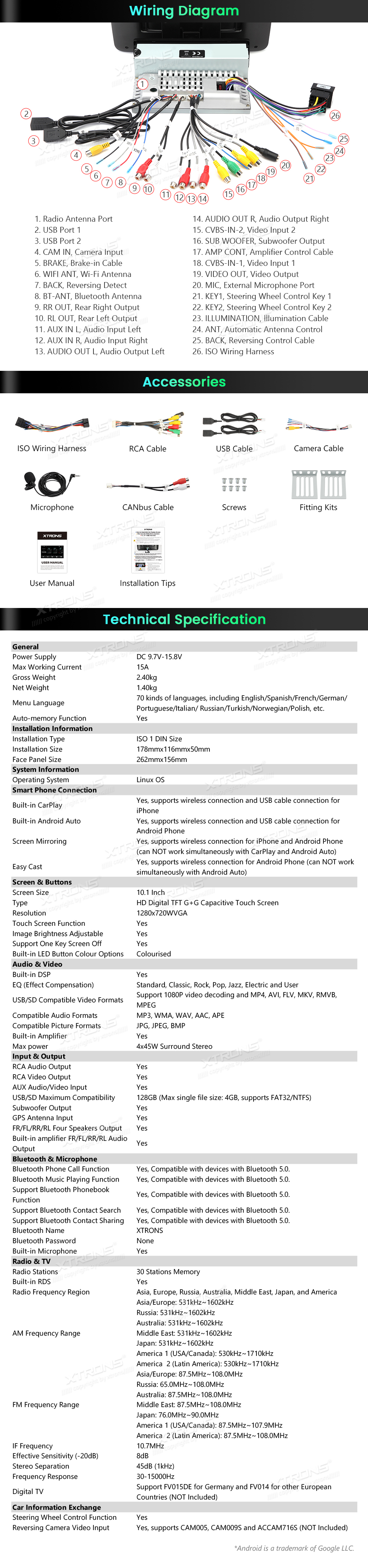 Universal Single DIN 10.1 inch Car Stereo with Wireless CarPlay, Android Auto and DSP | DL10H: XTRONS specification poster 6 of 6