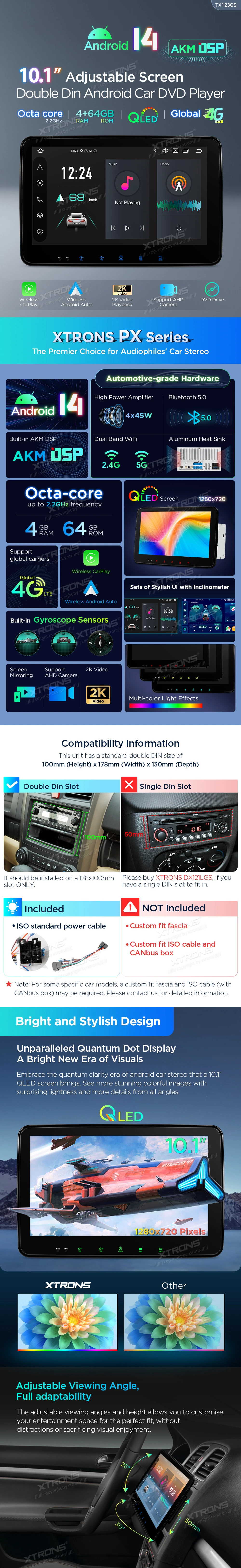 Double DIN 10.1 inch Android 14 Car Stereo with Wireless CarPlay, Android Auto and 4G | TX123GS: XTRONS specification poster 1 of 8