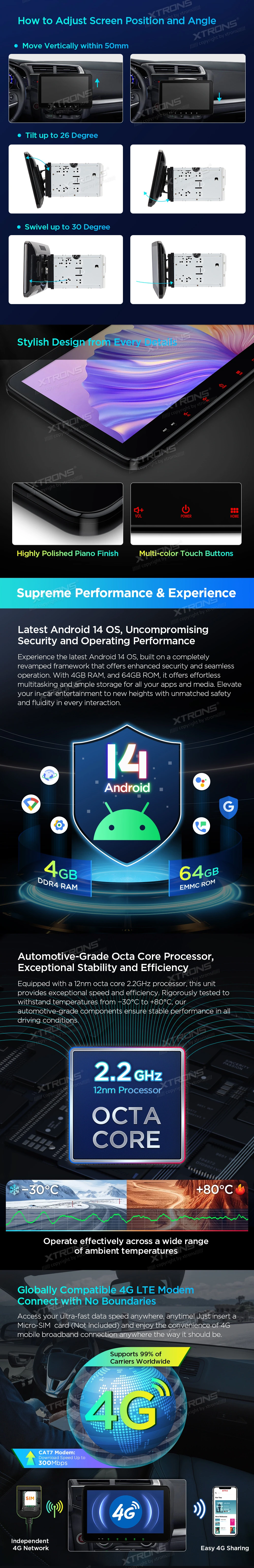 Double DIN 10.1 inch Android 14 Car Stereo with Wireless CarPlay, Android Auto and 4G | TX123GS: XTRONS specification poster 2 of 8
