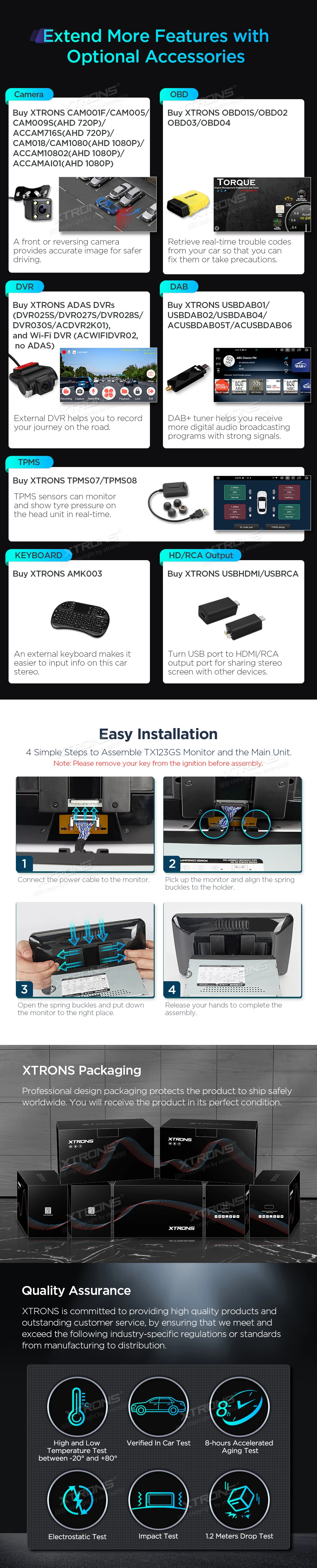 Double DIN 10.1 inch Android 14 Car Stereo with Wireless CarPlay, Android Auto and 4G | TX123GS: XTRONS specification poster 7 of 8
