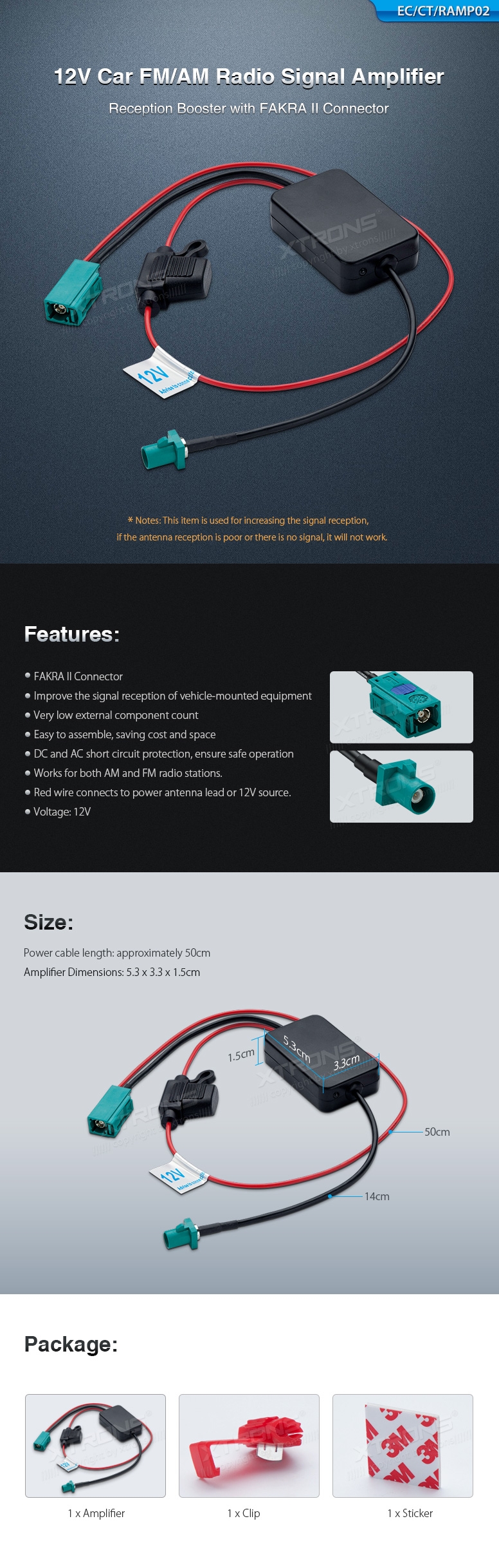 Universal 12V FM/AM Radio Signal Amplifier with FAKRA II Connector | EC/ARL/RAMP02: XTRONS specification poster 1 of 1