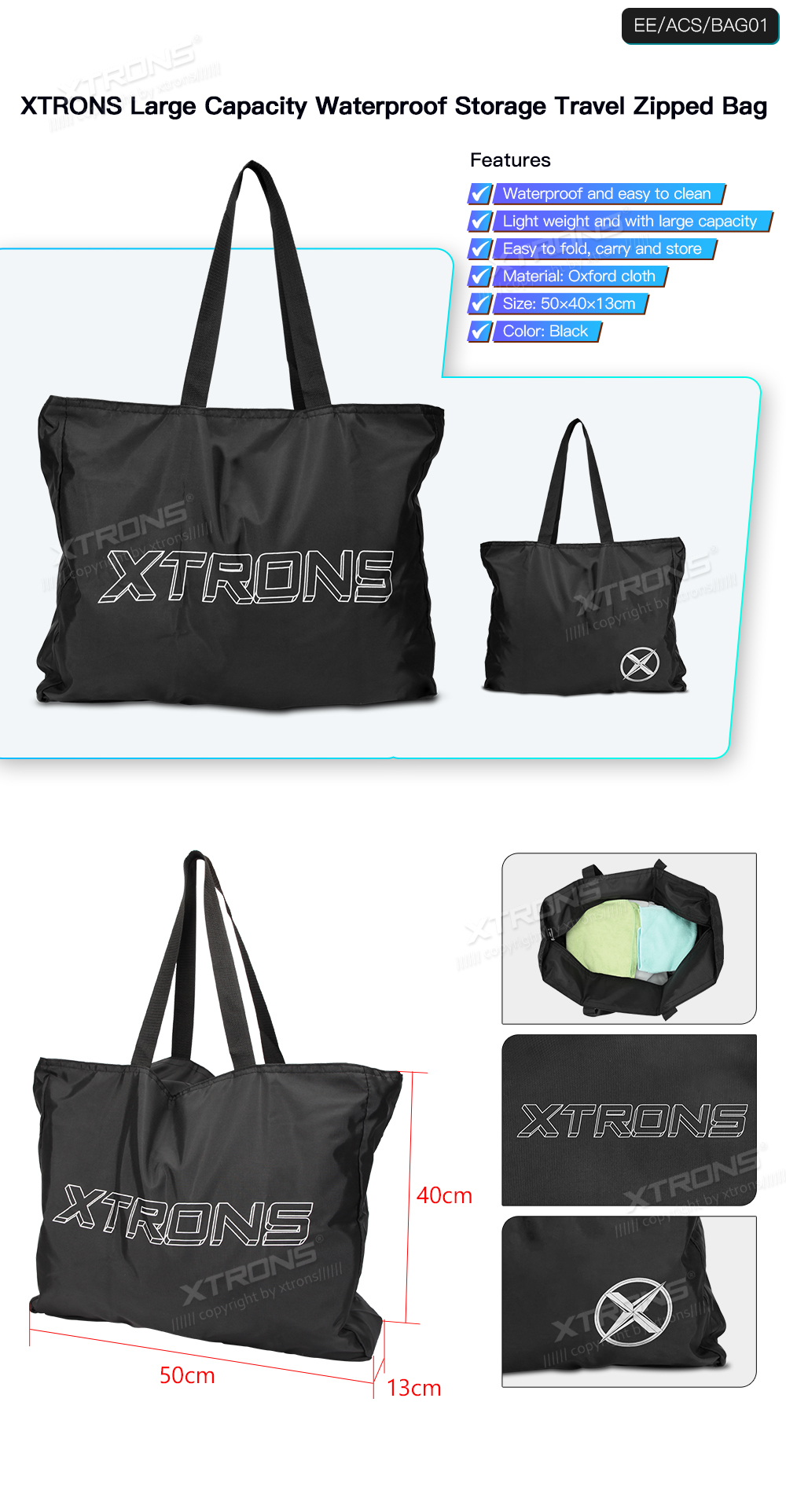 Universal Large Waterproof Zipped Storage Travel Bag | EE/ACS/BAG01: XTRONS specification poster 1 of 1