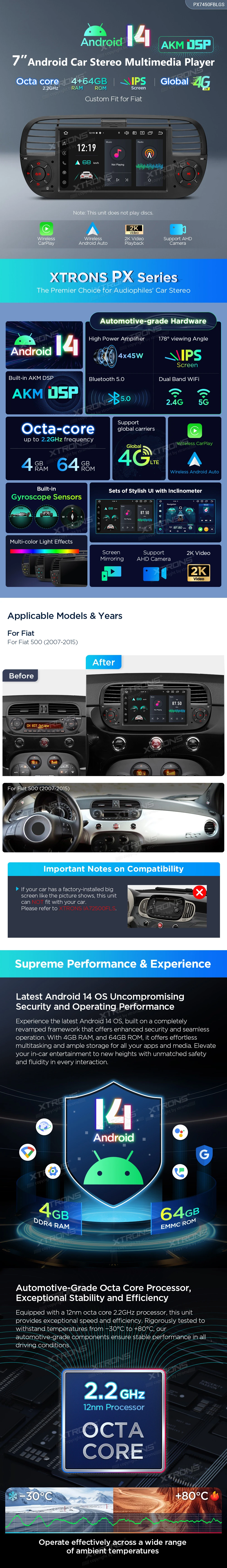 Fiat 500 7 inch Android Head Unit with Wireless CarPlay, Android Auto, 4G and AKM DSP | PX7450FBLGS: XTRONS specification poster 1 of 6