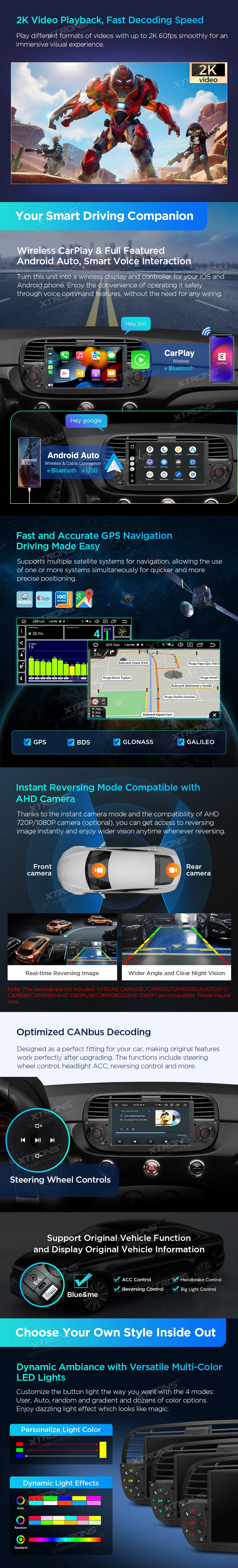 Fiat 500 7 inch Android Head Unit with Wireless CarPlay, Android Auto, 4G and AKM DSP | PX7450FBLGS: XTRONS specification poster 3 of 6