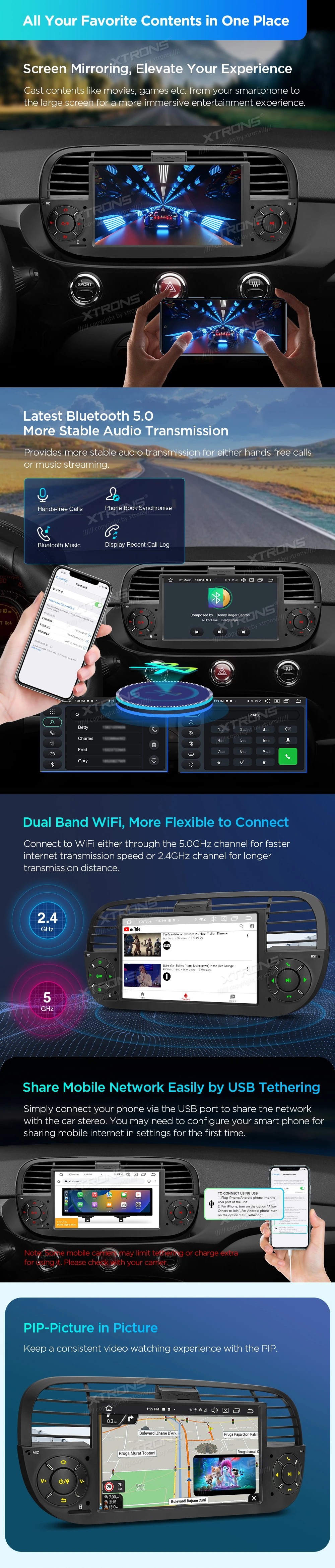 Fiat 500 7 inch Android Head Unit with Wireless CarPlay, Android Auto, 4G and AKM DSP | PX7450FBLGS: XTRONS specification poster 4 of 6