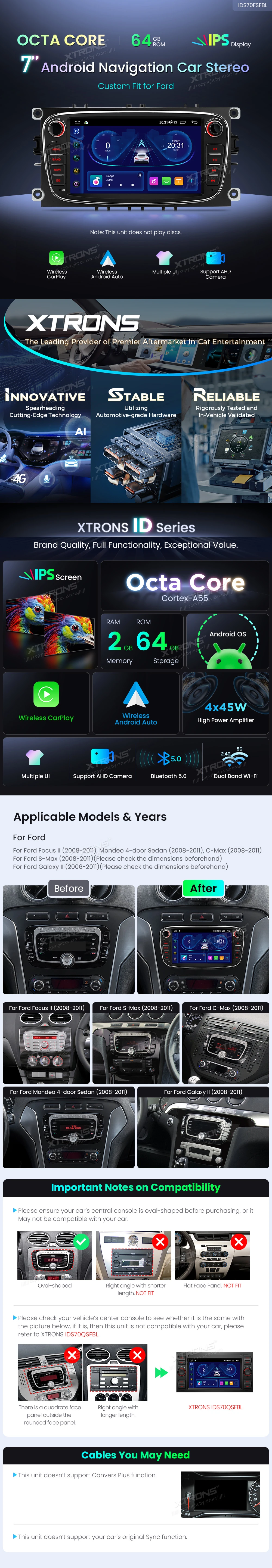 Ford Focus, Mondeo, C-Max and S-Max 7″ Android Head Unit with Wireless CarPlay and Android Auto | IDS70FSFBL: XTRONS specification poster 1 of 6
