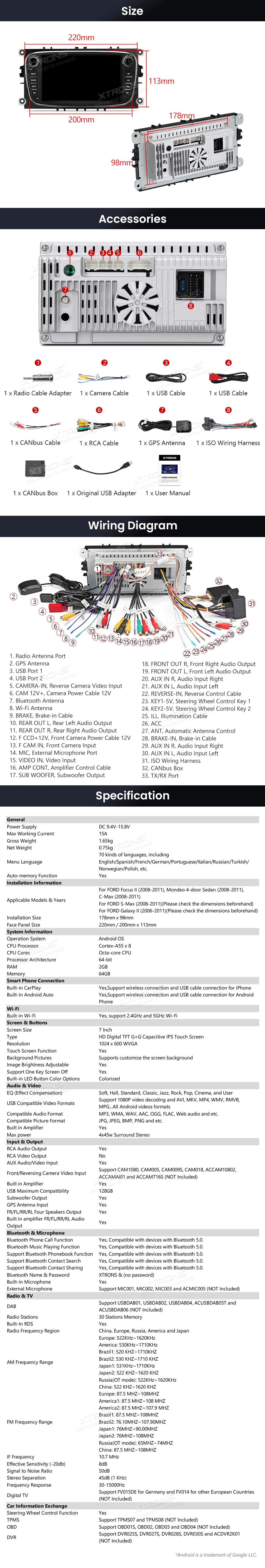 Ford Focus, Mondeo, C-Max and S-Max 7″ Android Head Unit with Wireless CarPlay and Android Auto | IDS70FSFBL: XTRONS specification poster 6 of 6