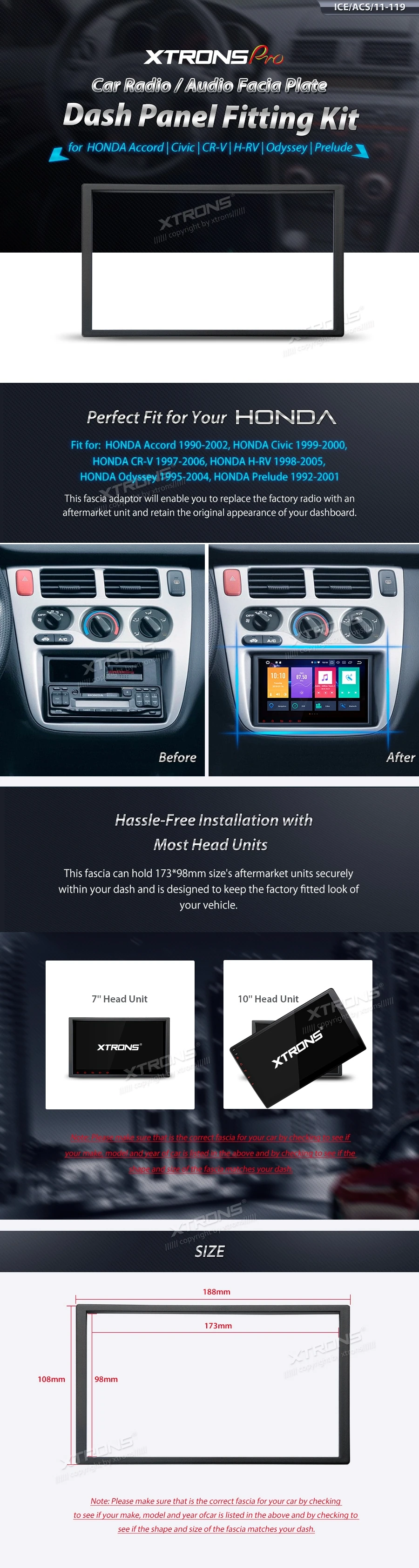 Honda Accord, Civic, CR-V, Odyssey and Prelude Double DIN Car Stereo Fascia Panel | ICE/ACS/11-119: XTRONS specification poster 1 of 1
