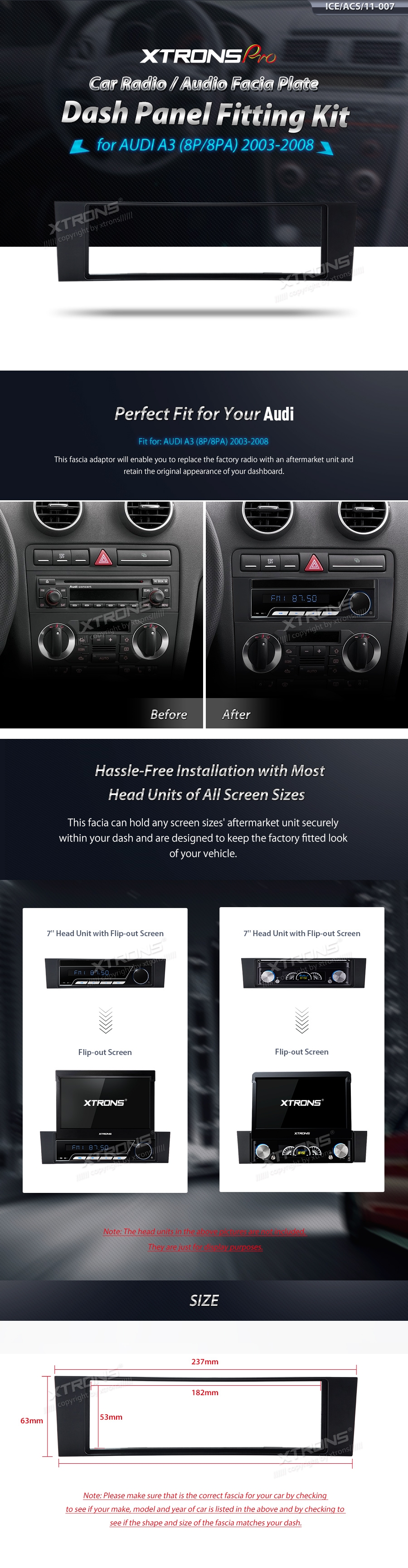 Audi A3 (8P/8PA) Single DIN Car Stereo Fascia Panel | ICE/ACS/11-007: XTRONS specification poster 1 of 1
