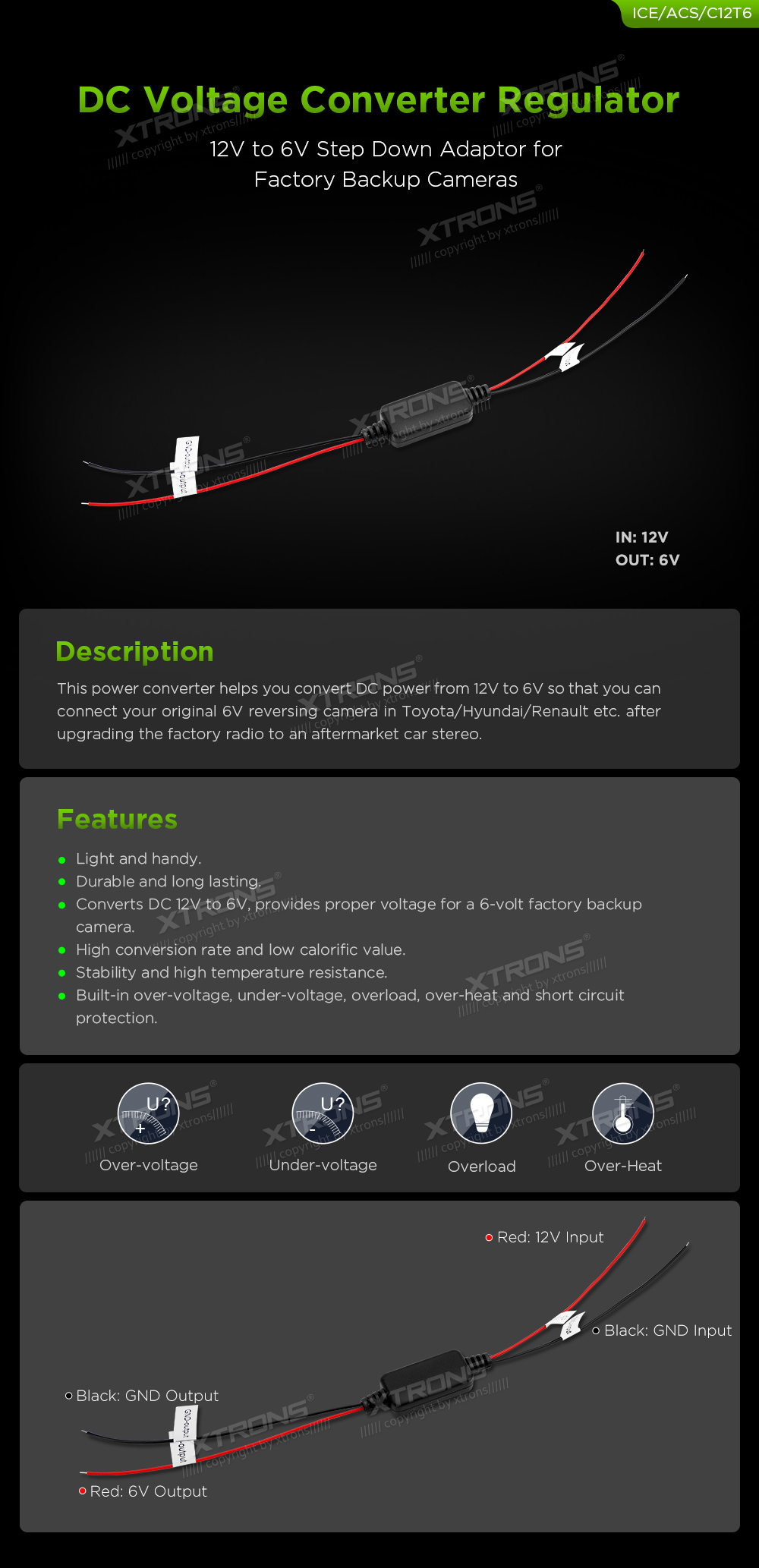 Universal 12V to 6V DC Power Converter for Factory Reversing Cameras | ICE/ACS/C12T6: XTRONS specification poster 1 of 1