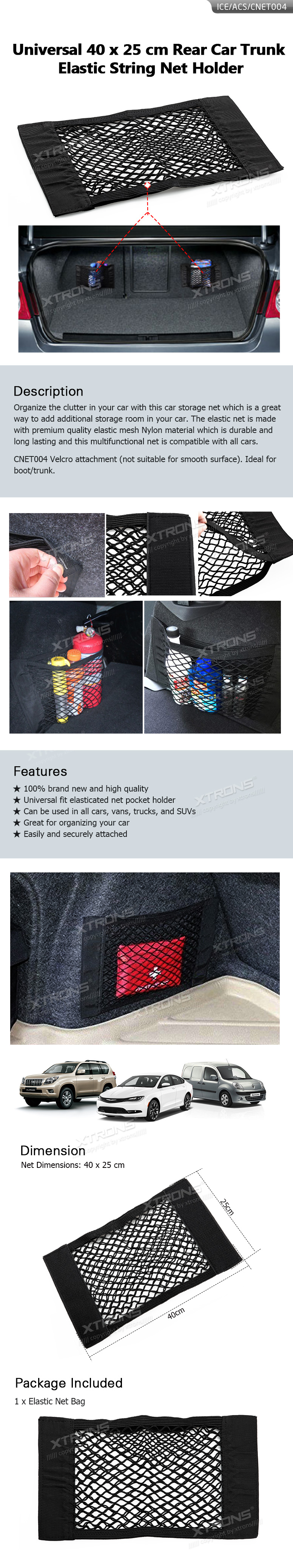 Universal 40 x 25 cm Elastic Boot Storage Net | ICE/ACS/CNET004: XTRONS specification poster 1 of 1