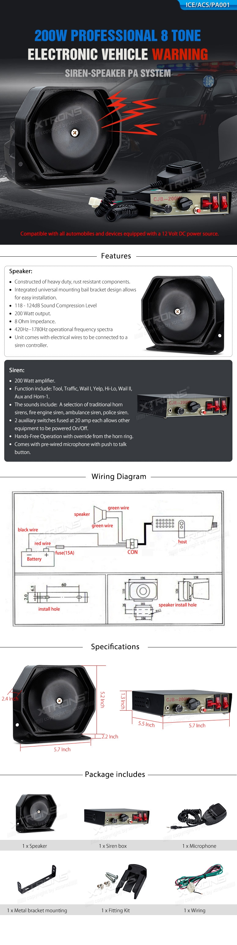 200W 8 Tone Electronic Vehicle Siren and PA System | ICE/ACS/PA001: XTRONS specification poster 1 of 1